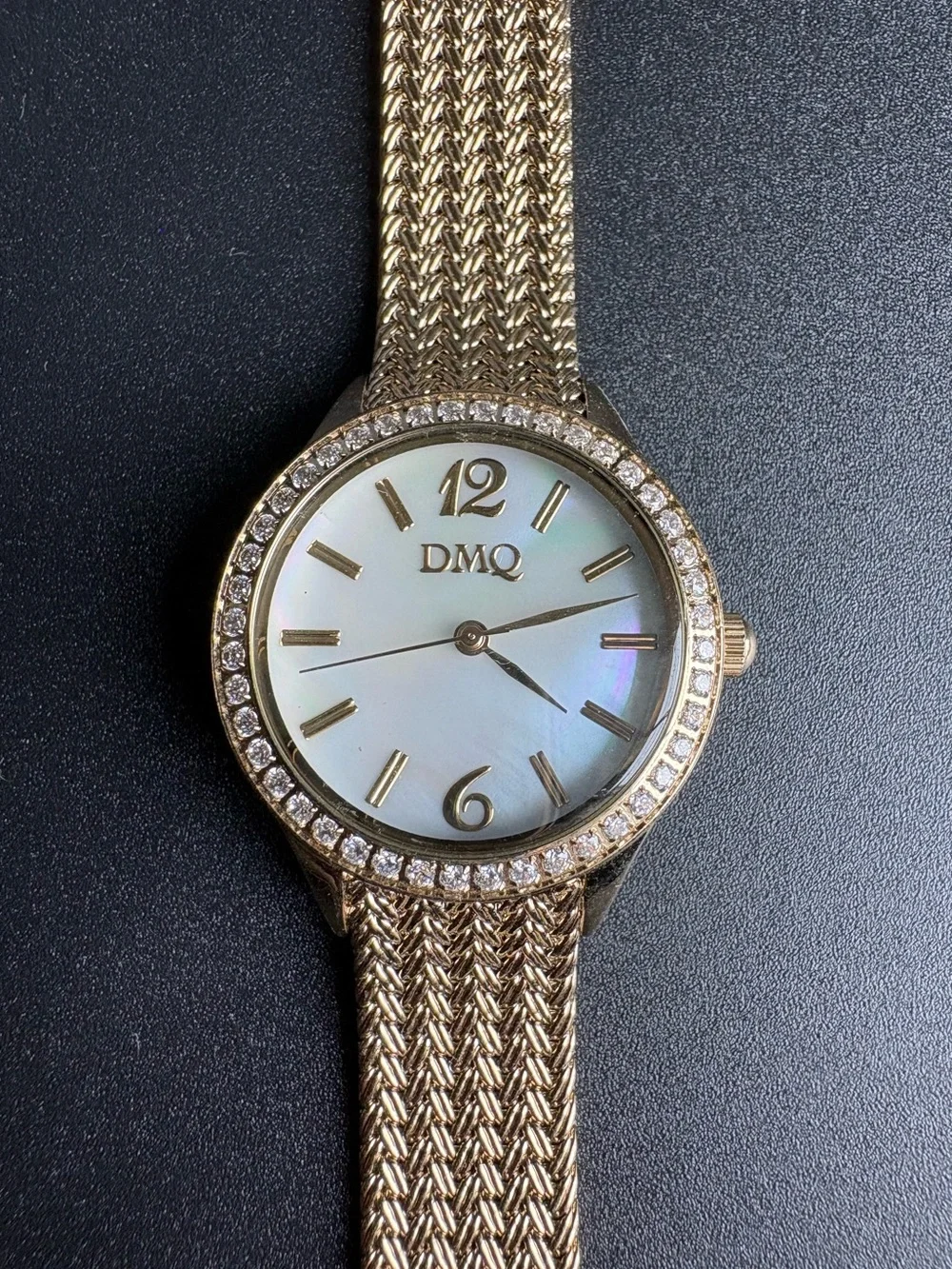 Women's Gold Mesh Bracelet Watch with Rhinestone Bezel